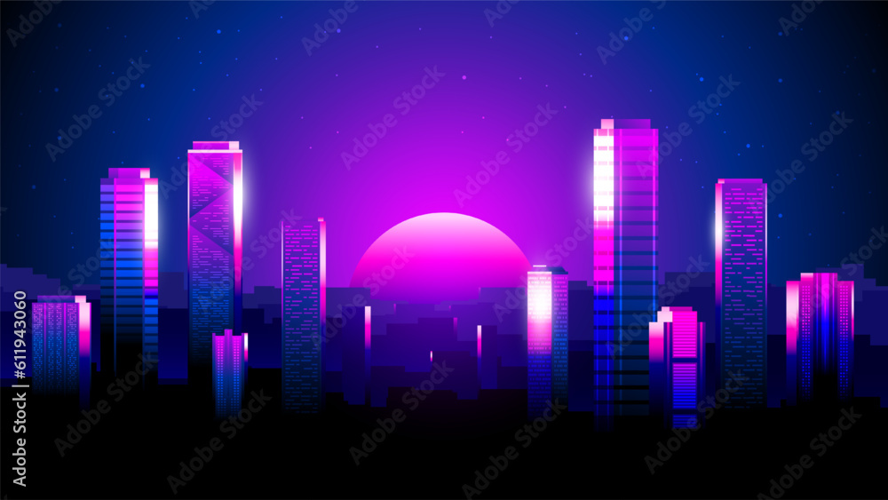 Vector colorful gradient horizontal banner. Neon city on pink sunset background.