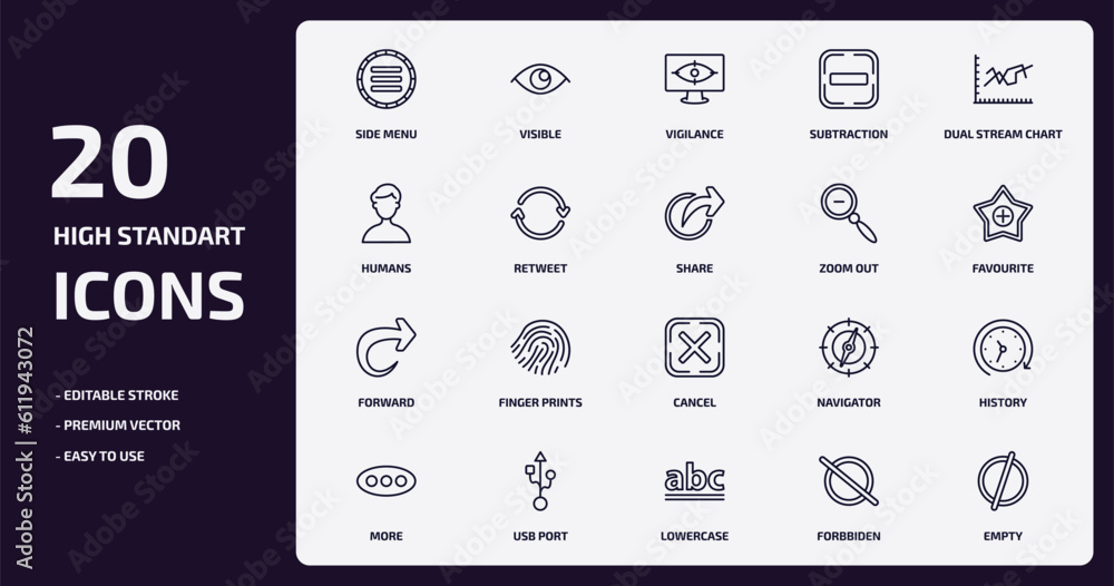 Vetor de user interface outline icons set. user interface thin line ...