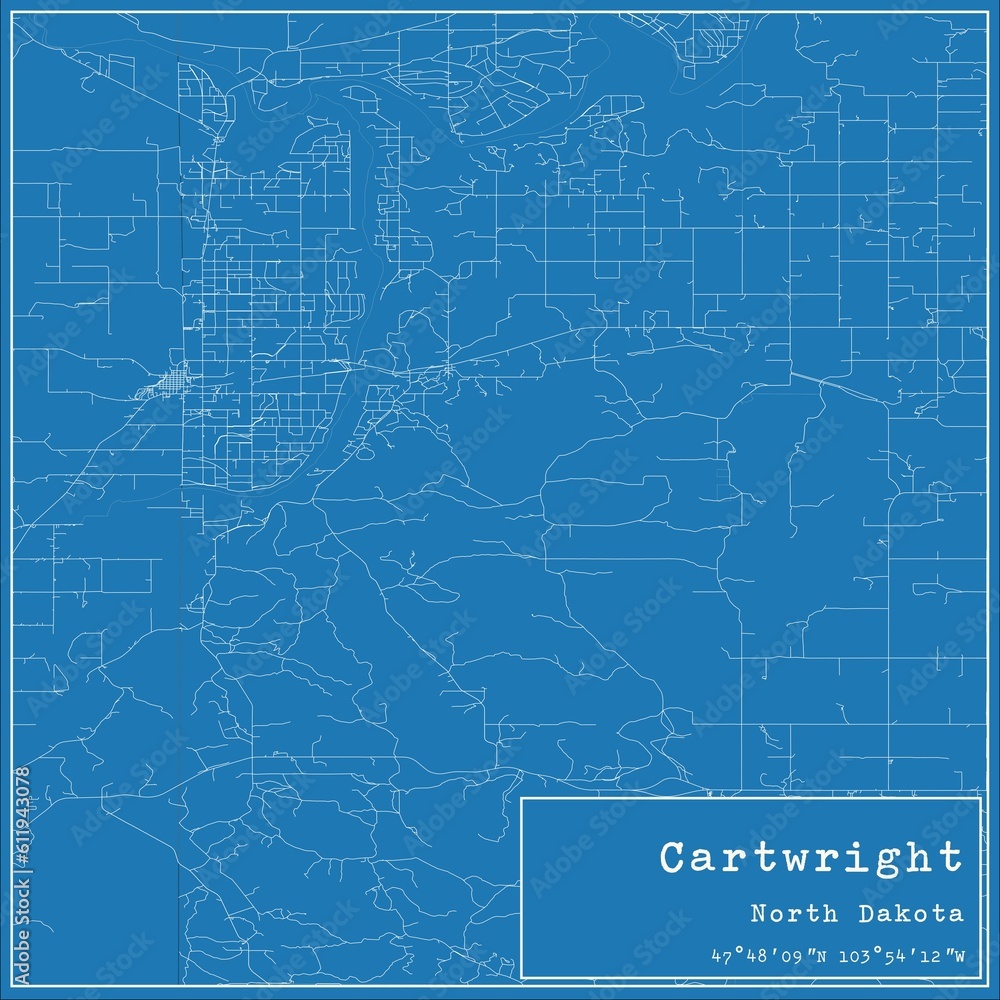 Obraz premium Blueprint US city map of Cartwright, North Dakota.