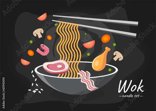 Vector hand drawn colorful illustration of a noodle with flying meat and vegetables in a wok pan.