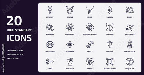 zodiac outline icons set. zodiac thin line icons pack such as mercury, divinity, abundance, time changes, strength, gemini, reconciliation, inequality vector.