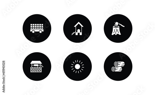 agriculture farming filled icons set. agriculture farming filled icons pack included farm trailer, chicken coop, wood chop, water well, sunny, wood logs vector.