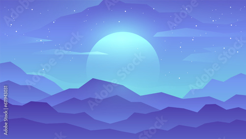 Illustration of a night landscape of a mountain range on a background of the moon