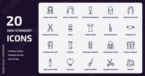woman clothing outline icons set. woman clothing thin line icons pack such as female with long hair, hobo shoulder bag, bikini, human black hair, necklace, liquid eyeliner, scissors inverted view,