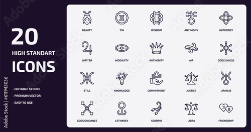 zodiac outline icons set. zodiac thin line icons pack such as beauty, antimony, ingenuity, still, lethargy, scorpio, libra, friendship vector.