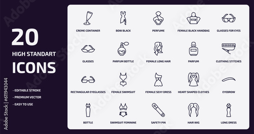 woman clothing outline icons set. woman clothing thin line icons pack such as creme container black, female black handbag, parfum bottle, rectangular eyeglasses, swimsuit feminine, safety pin, hair
