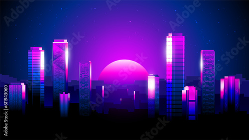 Vector colorful gradient horizontal banner. Neon city on pink sunset background.