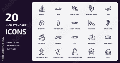 winter outline icons set. winter thin line icons pack such as chapel, winter clothes, themos flask, cap, cable car cabin, turtleneck sweater, snow globe, chalet vector.