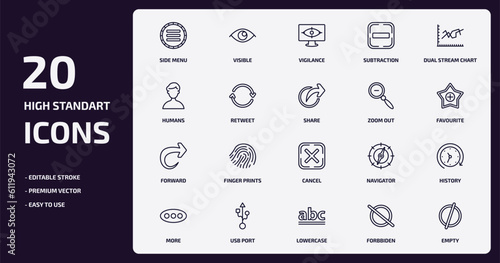 user interface outline icons set. user interface thin line icons pack such as side menu, subtraction, retweet, forward, usb port, lowercase, forbbiden, empty vector.