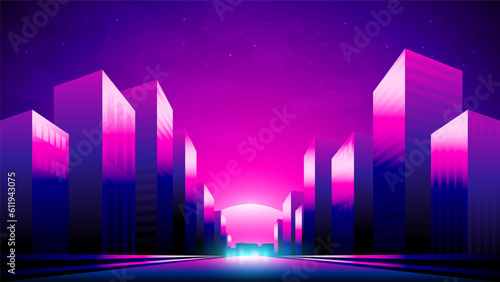 Vector gradient illustration of a night neon street on a sunset background.