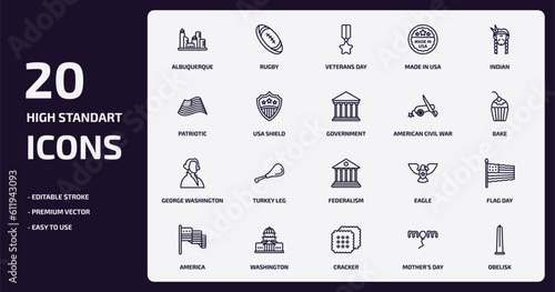 united states of america outline icons set. united states of america thin line icons pack such as albuquerque, made in usa, usa shield, george washington, washington, cracker, mother's day, obelisk