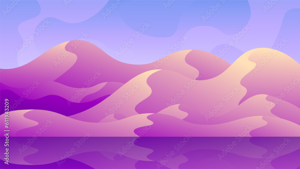 Evening mountains view with reflection in water at sunrise pink sky background. Evening mountains view with reflection in water at sunrise pink sky background.
