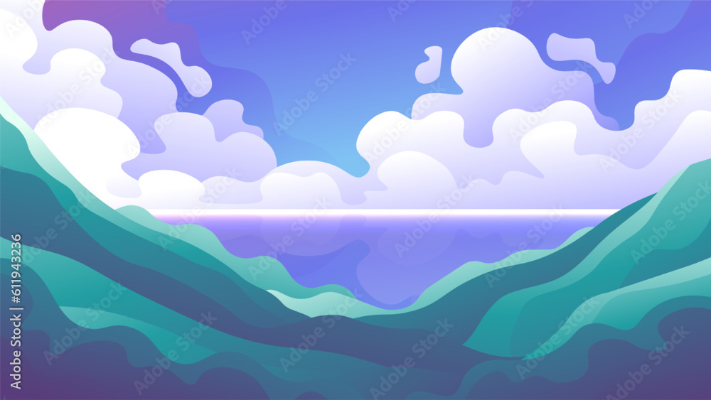 Ocean and fluffy clouds view from green tropical mountains. Caribbean exotic resort horizontal landscape.