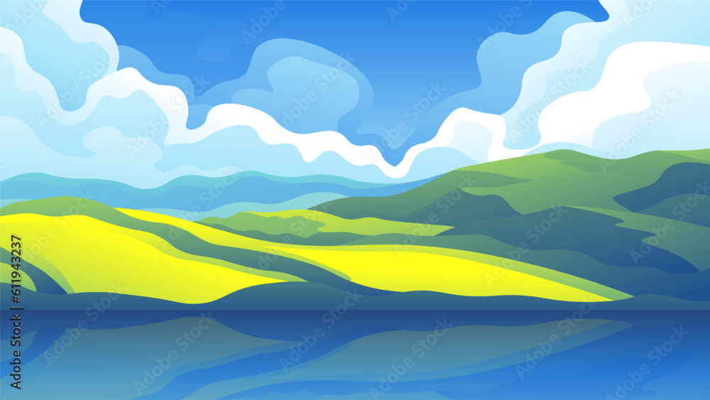 Beautiful juicy green meadows and hills near the sea. Bright cartoon landscape on white thick clouds background.