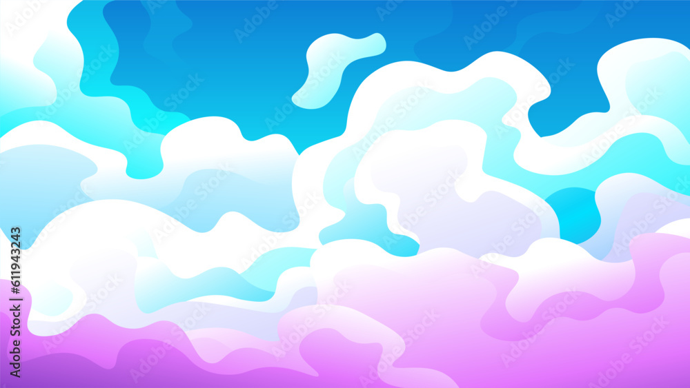 Evening colorful gradient cumulus clouds. Cartoon abstract view of sky with clouds.