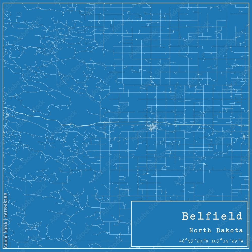 Fototapeta premium Blueprint US city map of Belfield, North Dakota.