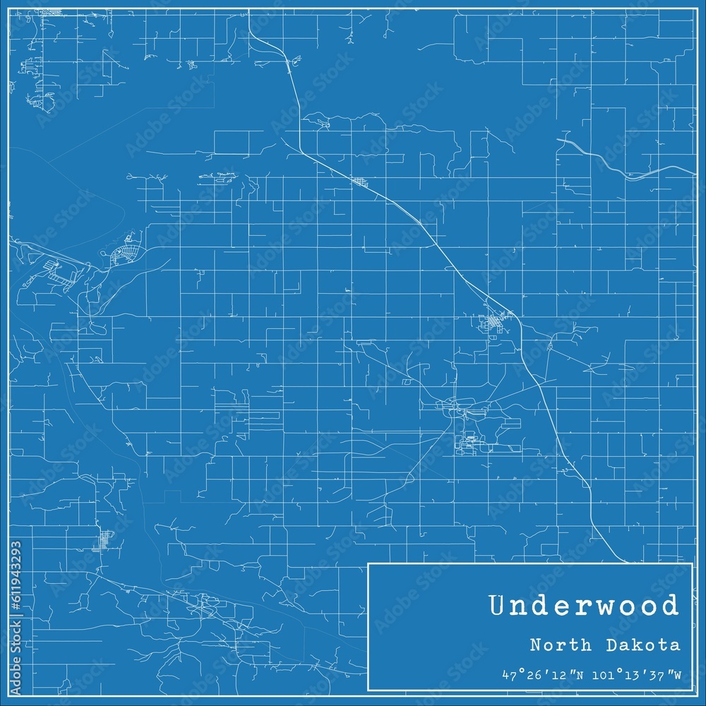 Blueprint US city map of Underwood, North Dakota.