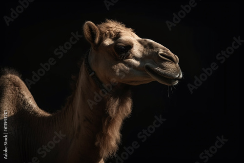 Portrait of a camel face shot, close-up, isolated on black background. generative AI © SITI