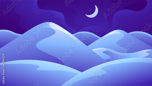 Night mountain range landscape. Cartoon blue high mountains on moon background.