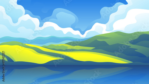 Beautiful juicy green meadows and hills near the sea. Bright cartoon landscape on white thick clouds background.