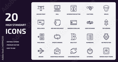 user interface outline icons set. user interface thin line icons pack such as anchor point, elections, add new document, page break, anonymous message, synchronisation, external, remove right frame