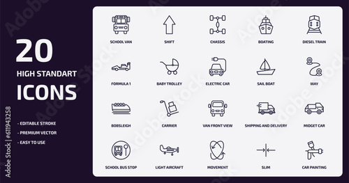 transport outline icons set. transport thin line icons pack such as school van, boating, baby trolley, bobsleigh, light aircraft, movement, slim, car painting vector.