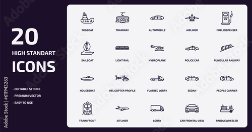 transportation outline icons set. transportation thin line icons pack such as tugboat, airliner, light rail, houseboat, jetliner, lorry, car frontal view, paddlewheeler vector.