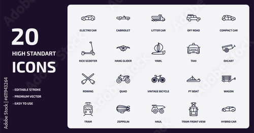 transportation outline icons set. transportation thin line icons pack such as electro car, off road, hang glider, rowing, zeppelin, haul, tram front view, hybrid car vector.
