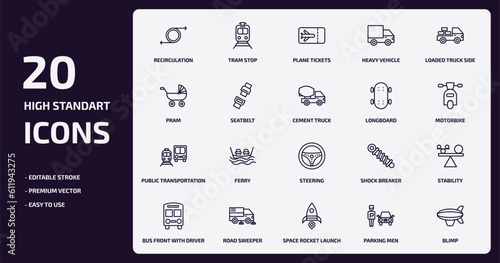 transport outline icons set. transport thin line icons pack such as recirculation, heavy vehicle, seatbelt, public transportation, road sweeper, space rocket launch, parking men, blimp vector.