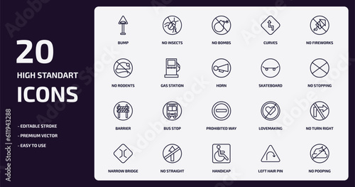 traffic signs outline icons set. traffic signs thin line icons pack such as bump, curves, gas station, barrier, no straight, handicap, left hair pin, no pooping vector.