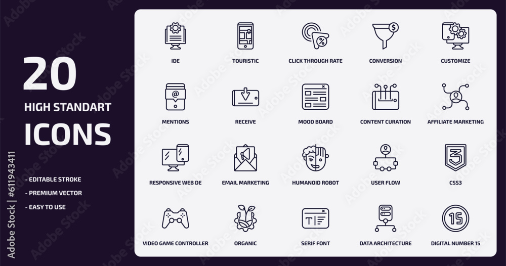 technology outline icons set. technology thin line icons pack such as ide, conversion, receive, responsive web de, organic, serif font, data architecture, digital number 15 vector.