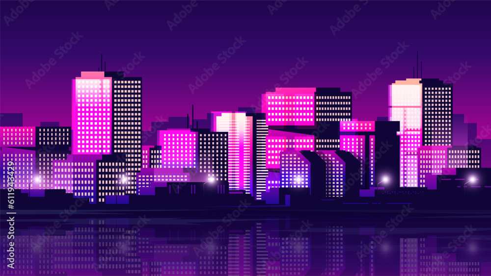 Shining night vintage metropolis. Horizontal city view illustration in nostalgic retro wave style.