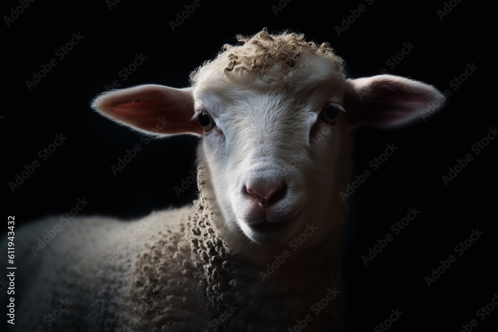 Portrait of a lamb face shot, close-up, isolated on black background. generative AI
