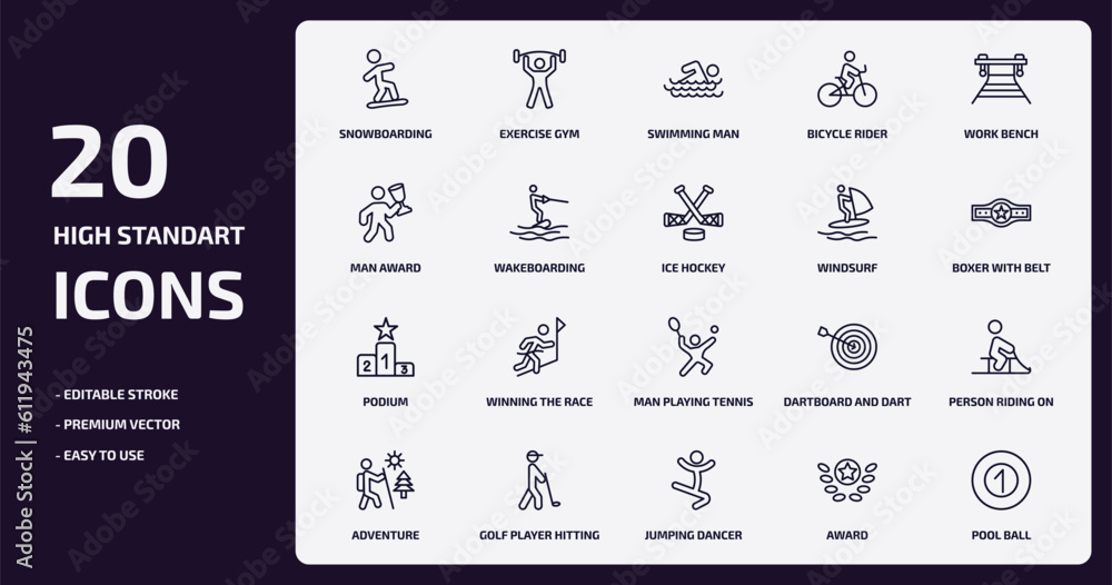 sports outline icons set. sports thin line icons pack such as snowboarding, bicycle rider, wakeboarding, podium, golf player hitting, jumping dancer, award, pool ball vector.