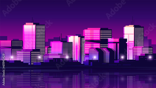 Shining night vintage metropolis. Horizontal city view illustration in nostalgic retro wave style.