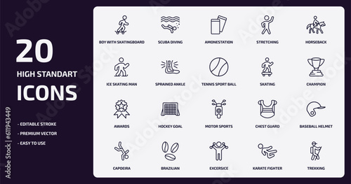 sports outline icons set. sports thin line icons pack such as boy with skatingboard, stretching, sprained ankle, awards, brazilian, excersice, karate fighter, trekking vector.
