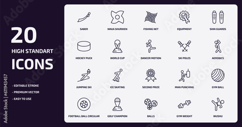 sports outline icons set. sports thin line icons pack such as saber, equipment, world cup, jumping ski, golf champion, balls, gym weight, wushu vector.