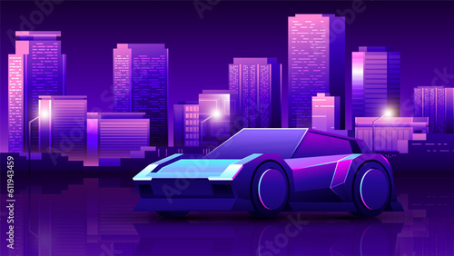 Modern supercar auto stands on the road on a night gradient city background.