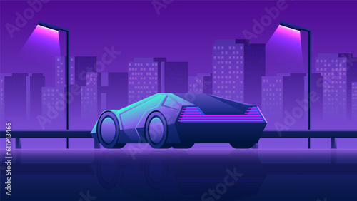 Back view neon modern supercar stands on the side of the road on the evening street of the city background.