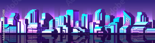 Unusual abstract futuristic city. Horizontal glowing gradient illustration of abstract bright buildings.