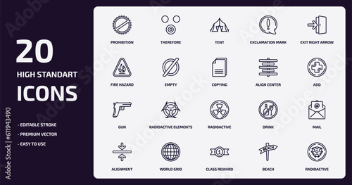 signs outline icons set. signs thin line icons pack such as prohibition, exclamation mark, empty, gun, world grid, class reward, beach, radioactive vector.