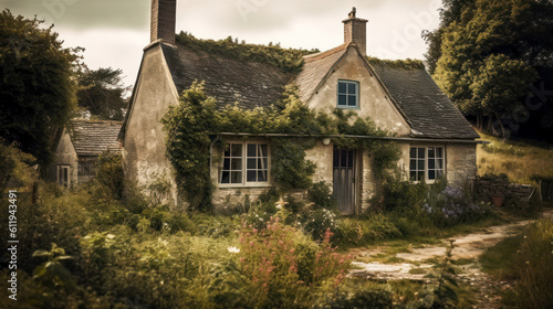 Old cottage in the English countryside. Photorealistic illustration generative AI.