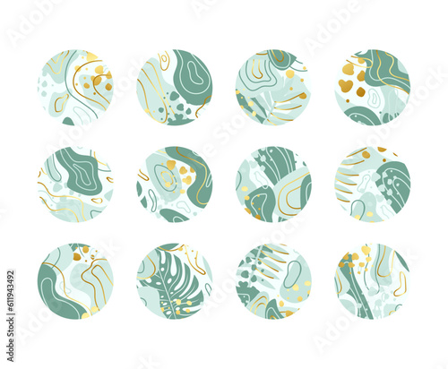 Round highlights icons for social media. Abstract covers with different shapes, lines and dots. Vector trendy illustrations set in green and gold colors. © Dmytro