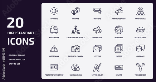 social media marketing outline icons set. social media marketing thin line icons pack such as timeline, announcement, coordinating people, importance, user warning, letter color, stamps, transgender