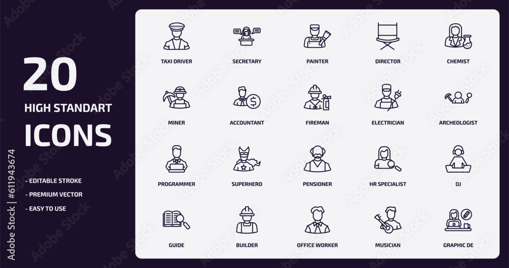 professions outline icons set. professions thin line icons pack such as taxi driver, director, accountant, programmer, builder, office worker, musician, graphic de vector. professions outline icons set. professions thin line icons pack such as taxi driver, director, accountant, programmer, builder, office worker, musician, graphic de vector.