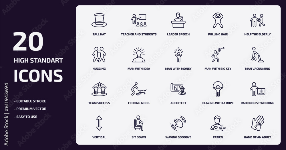 people outline icons set. people thin line icons pack such as tall hat, pulling hair, man with idea, team success, sit down, waving goodbye, patien, hand of an adult vector.