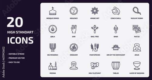 religion outline icons set. religion thin line icons pack such as mosque domes, conch shell, ohr, big menorah, , holy elephant, tablas, laver of washing vector.