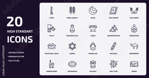 religion outline icons set. religion thin line icons pack such as sitar, holy quran, religious salt, matzo ball soup, sufganiyah, kalasha, holy star, koran vector.