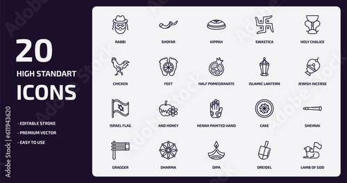 religion outline icons set. religion thin line icons pack such as rabbi, swastica, feet, israel flag, dharma, dipa, dreidel, lamb of god vector.