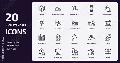 real estate outline icons set. real estate thin line icons pack such as juridical, wall, billboard, skyscraper, storehouse, property, mansion, fence vector.